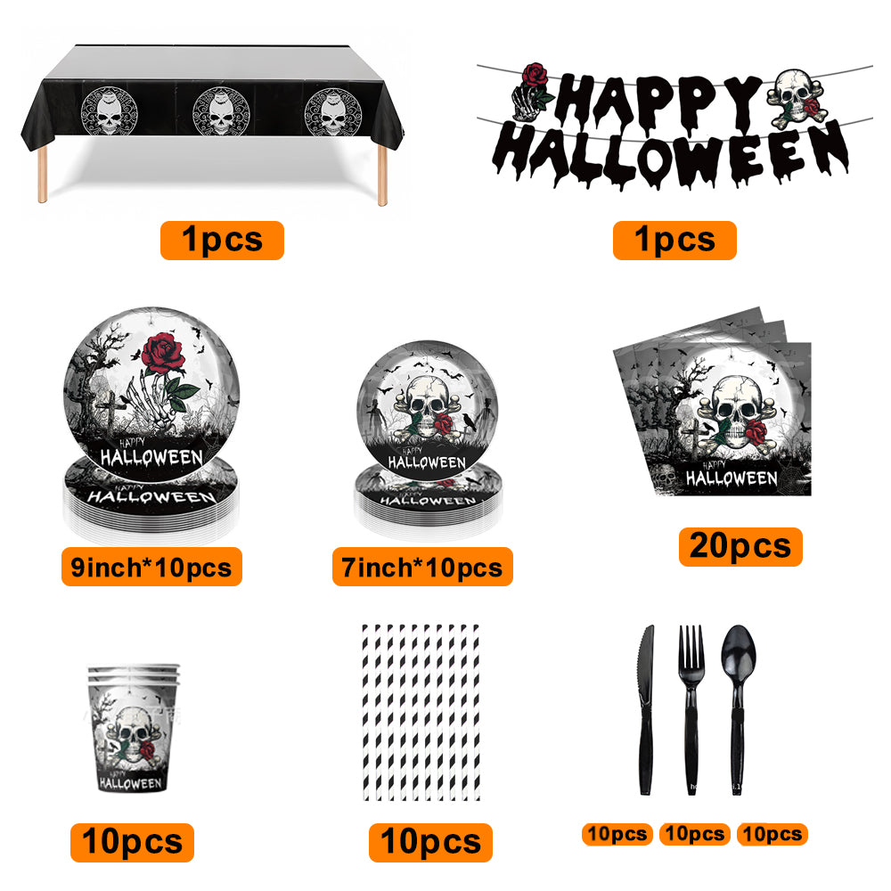 Halloween Skull Design Disposable Tableware Tablecloth Banner Kits Halloween Party Decorations Supplies 92pcs - Giftlab