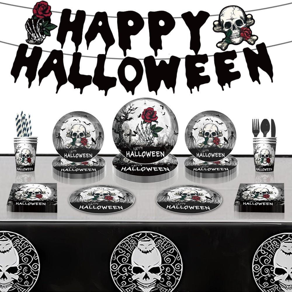 Halloween Skull Design Disposable Tableware Tablecloth Banner Kits Halloween Party Decorations Supplies 92pcs - Giftlab