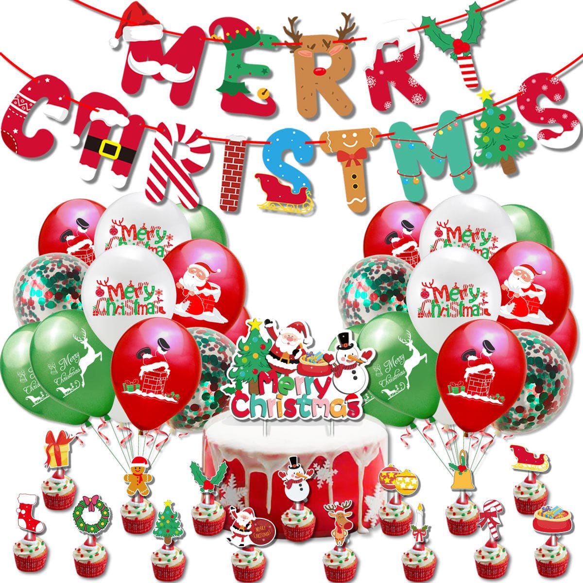 Christmas Balloons Set with Banner and Cake Topper for Christmas Party Decorations - Giftlab