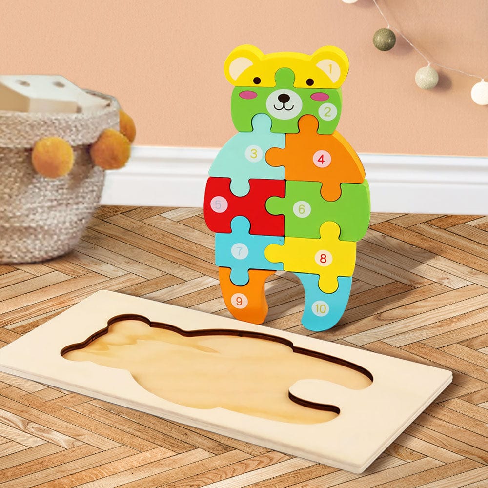 Wooden 3D Jigsaw Puzzle Bear Number Block Puzzles Educational Learning Montessori Toys for Toddlers - Giftlab