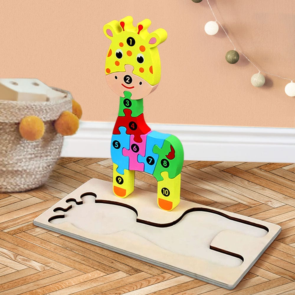 Wooden 3D Jigsaw Puzzle Giraffe Number Block Puzzles Educational Learning Montessori Toys for Toddlers - Giftlab