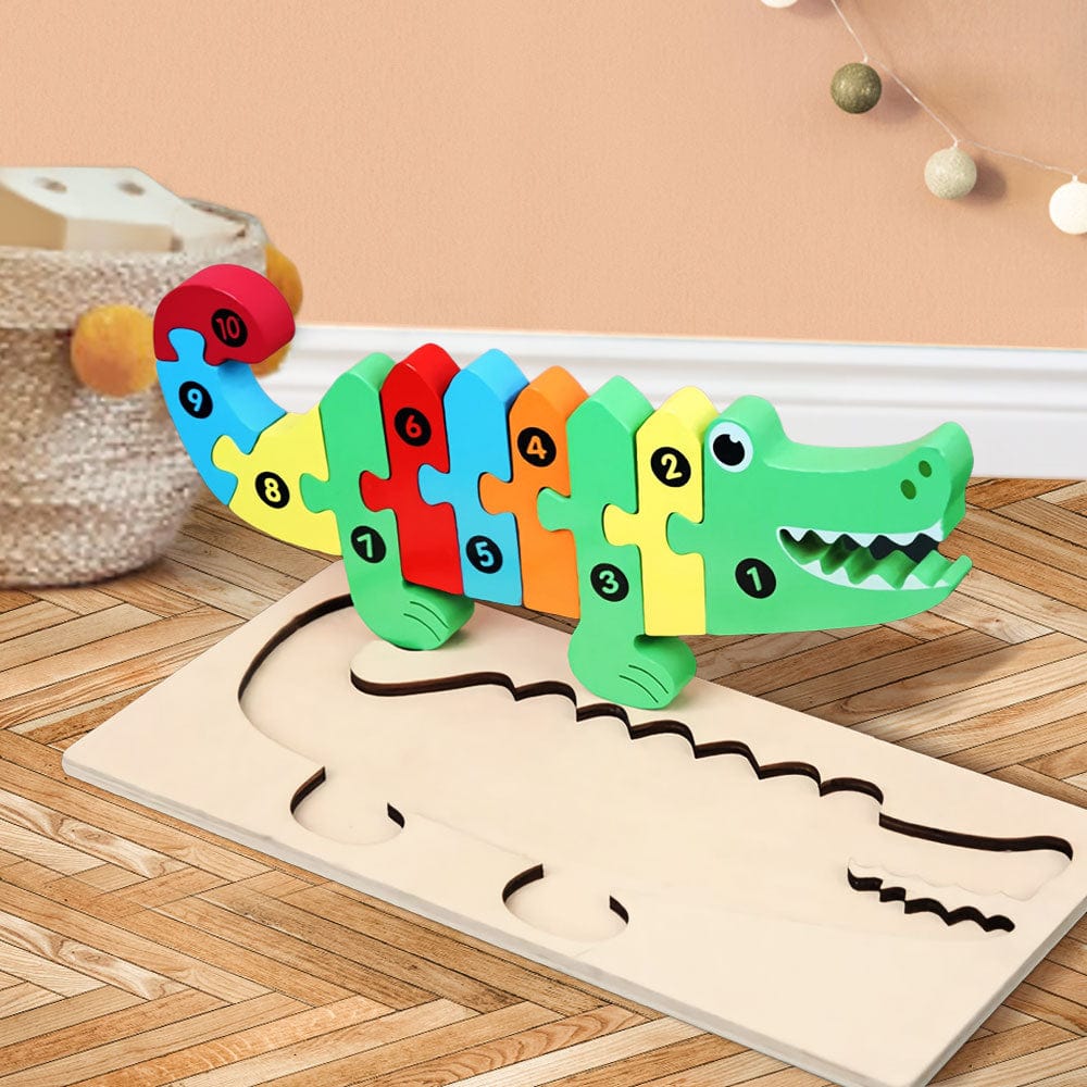 Wooden 3D Jigsaw Puzzle Crocodile Number Block Puzzles Educational Learning Montessori Toys for Toddlers - Giftlab