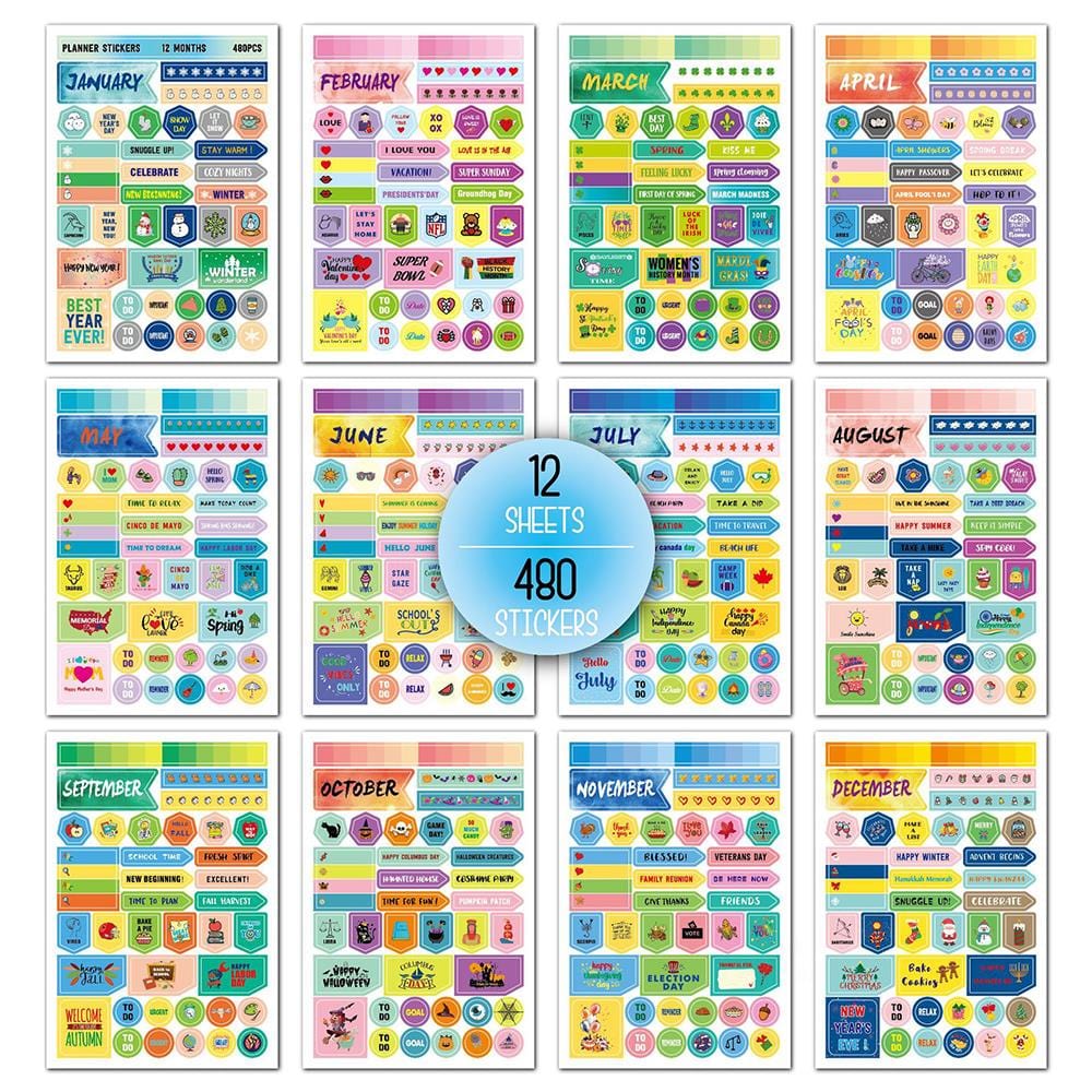 Planner Stickers Calendar Stickers 12 Sheets Monthly Planner Sticker - Giftlab