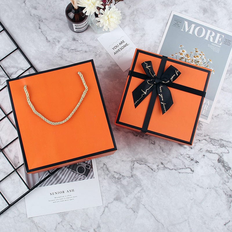 15cm  x 15cm  x 7cm Orange Square Shaped Presentation Gift Box with Bow Ribbon - Giftlab