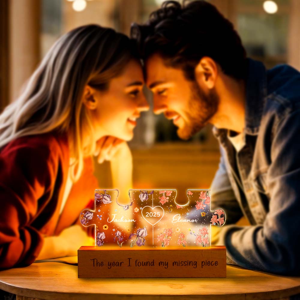 Personalized Couple Puzzle LED Night Light with Birth Flower Night Light Anniversary Gifts for Lover - Giftlab