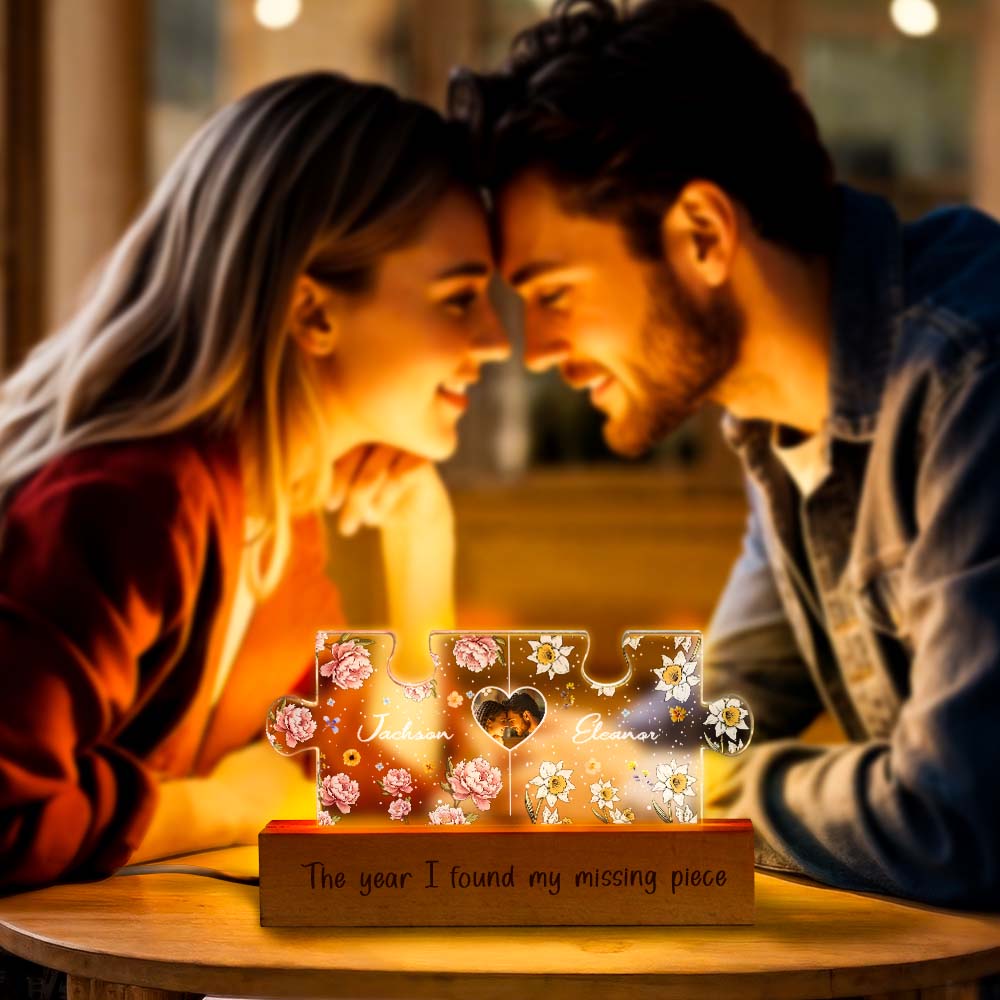 Personalized Couple Puzzle LED Night Light with Birth Flower Photo Night Light Gifts for Her - Giftlab