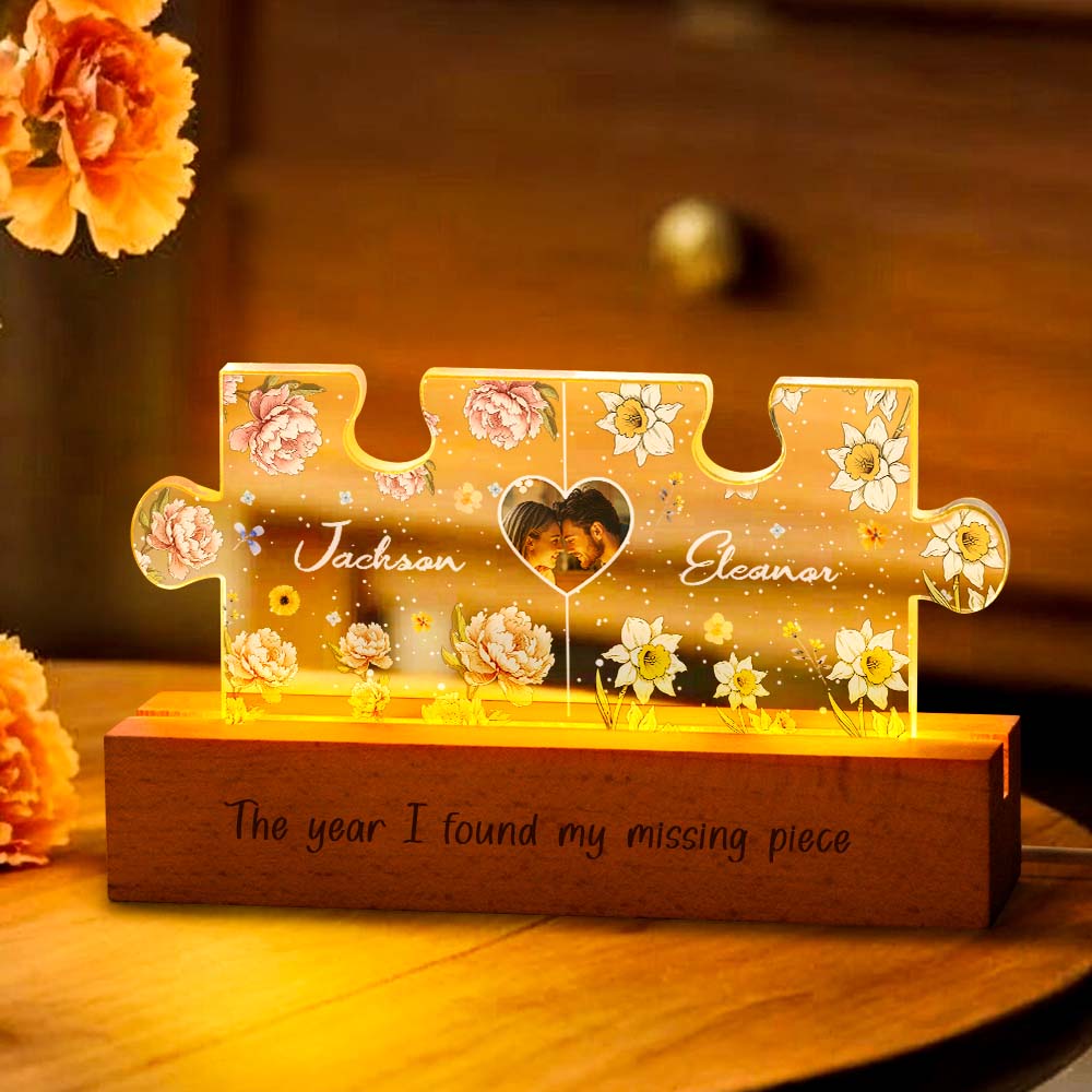 Personalized Couple Puzzle LED Night Light with Birth Flower Photo Night Light Gifts for Her - Giftlab