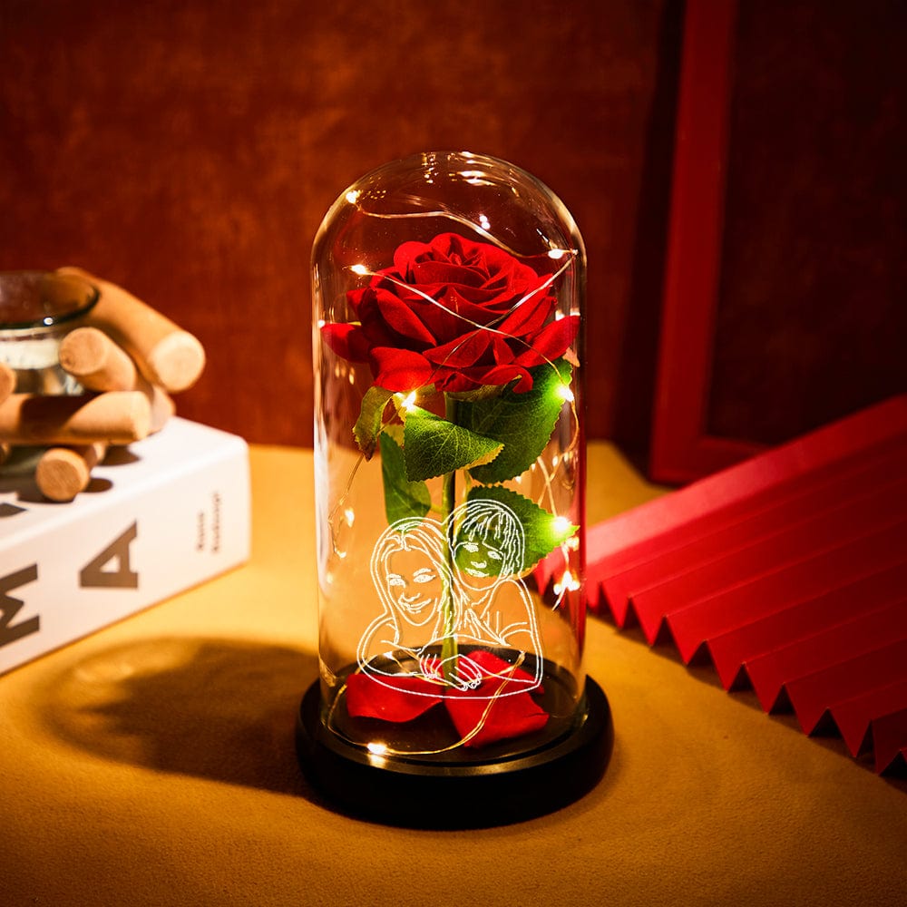 Custom Photo Line Drawing Eternal Rose Flower LED Night Light Romantic Simulation Eternal Rose Flower Glass Cover for Anniversary and Mother's Day - Giftlab