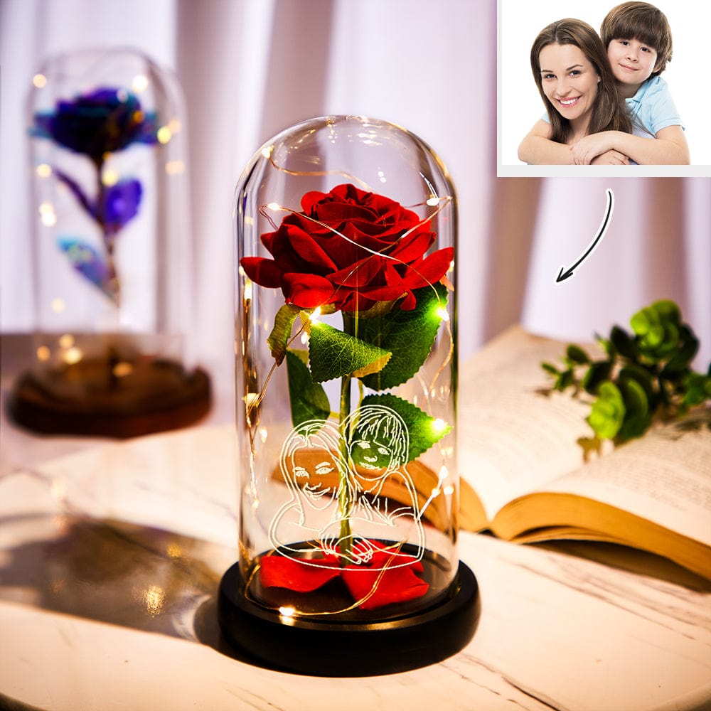 Custom Photo Line Drawing Eternal Rose Flower LED Night Light Romantic Simulation Eternal Rose Flower Glass Cover for Anniversary and Mother's Day - Giftlab