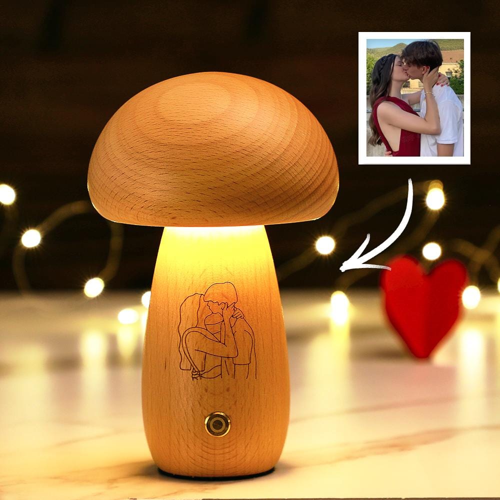 Real Handmade Solid Wood Mushroom Lamp Bedside Ambient Mushroom Night light Cute Little Mushroom Customize photo Gift for Family - Giftlab