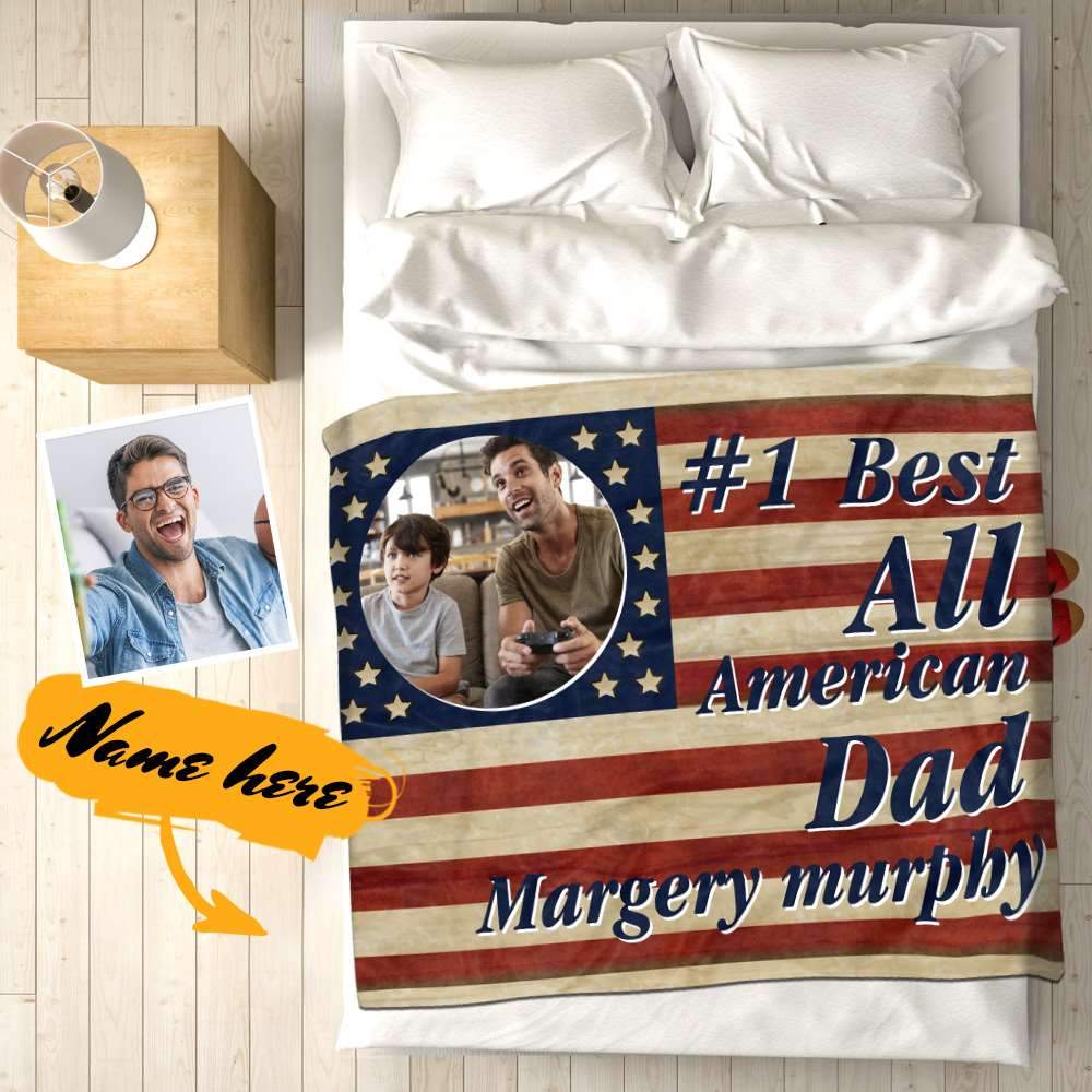 Father's Day Blankets Photo Blanket 4th Of July Gifts for Dad - Best American Dad - Giftlab