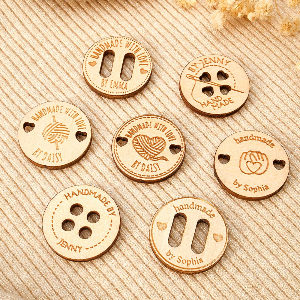 Personalized Handmade with Love Wooden Buttons Set of 15 Clothing Labels Gift for Mother Grandma Knitting Crocheting Lovers - Giftlab