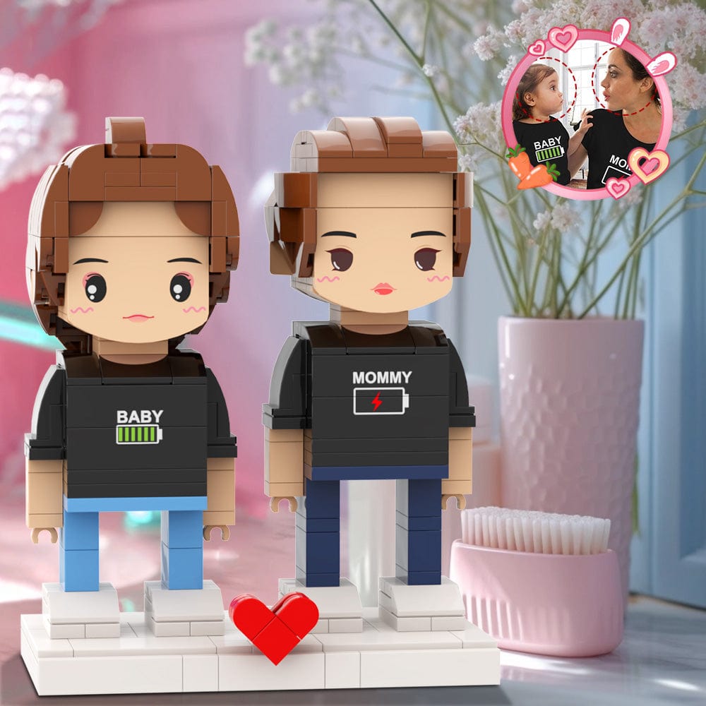 Mother's Day Gift Matching Shirt Battery Low Personalized Head 2 People Custom Brick Figures For Mommy - Giftlab