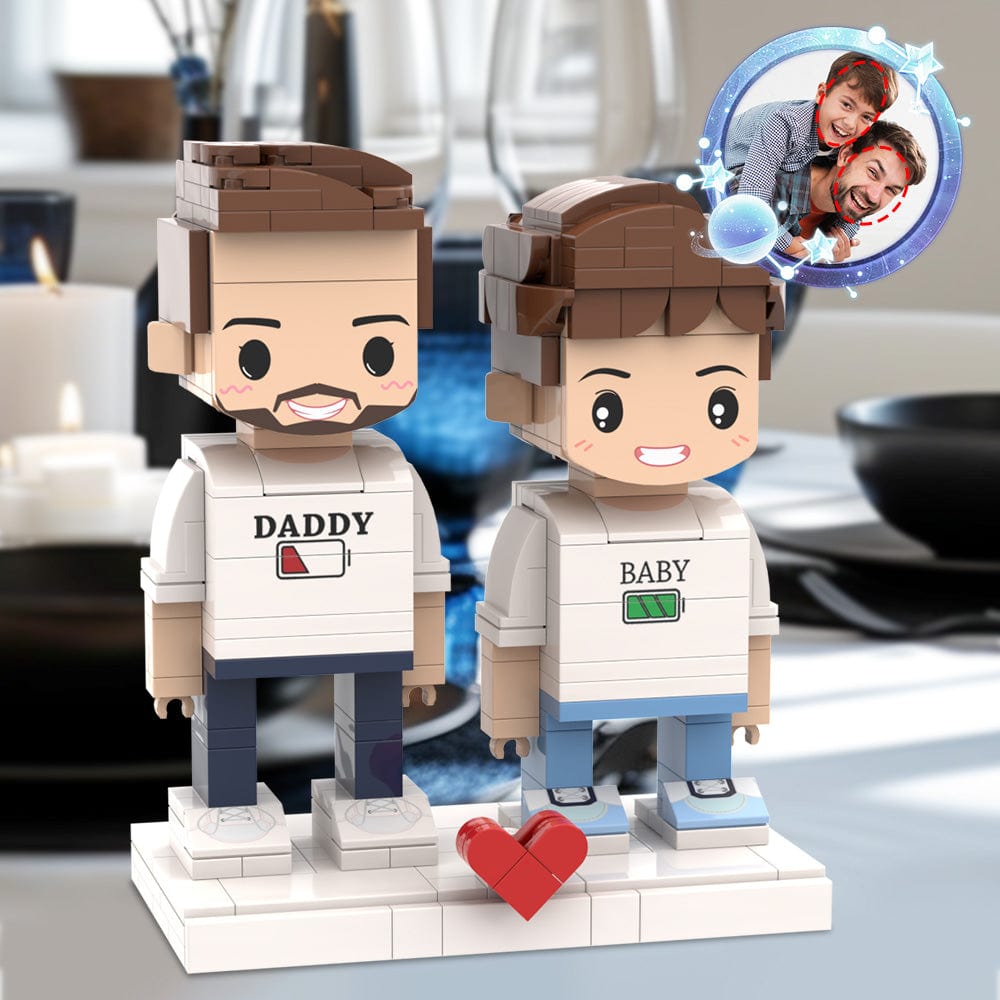 Personalized Head 2 People Custom Brick Figures Father's Day Gift Matching Shirt Battery Low for Daddy - Giftlab