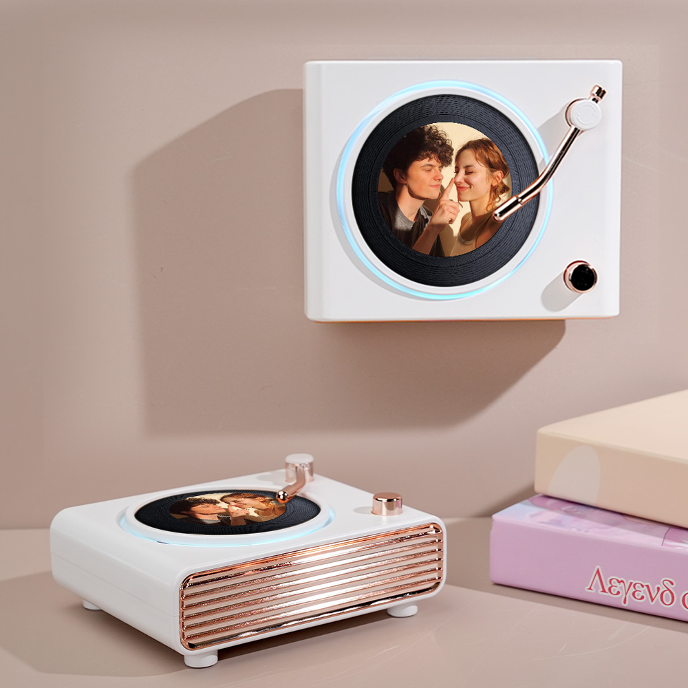 Custom Photo Retro Bluetooth Vinyl Records Player Speaker Personalized Photo Turntable Color Changing Light Wall Table Decor