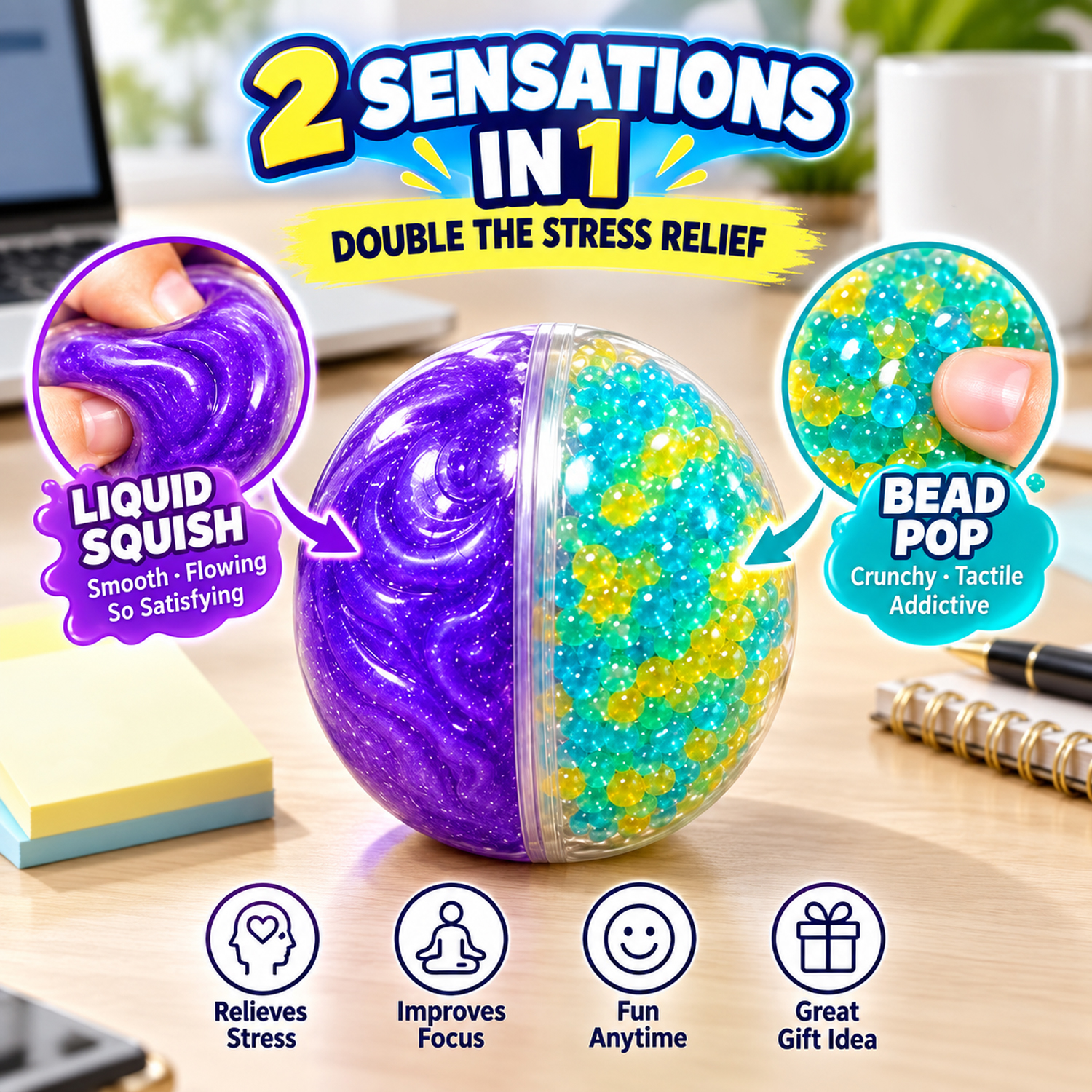 2-in-1 Fidget Stress Ball for Kids & Adults, Squishy Sensory Squeeze Toy with Glitter Gel & Water Beads, Dual Texture Anxiety Relief Ball