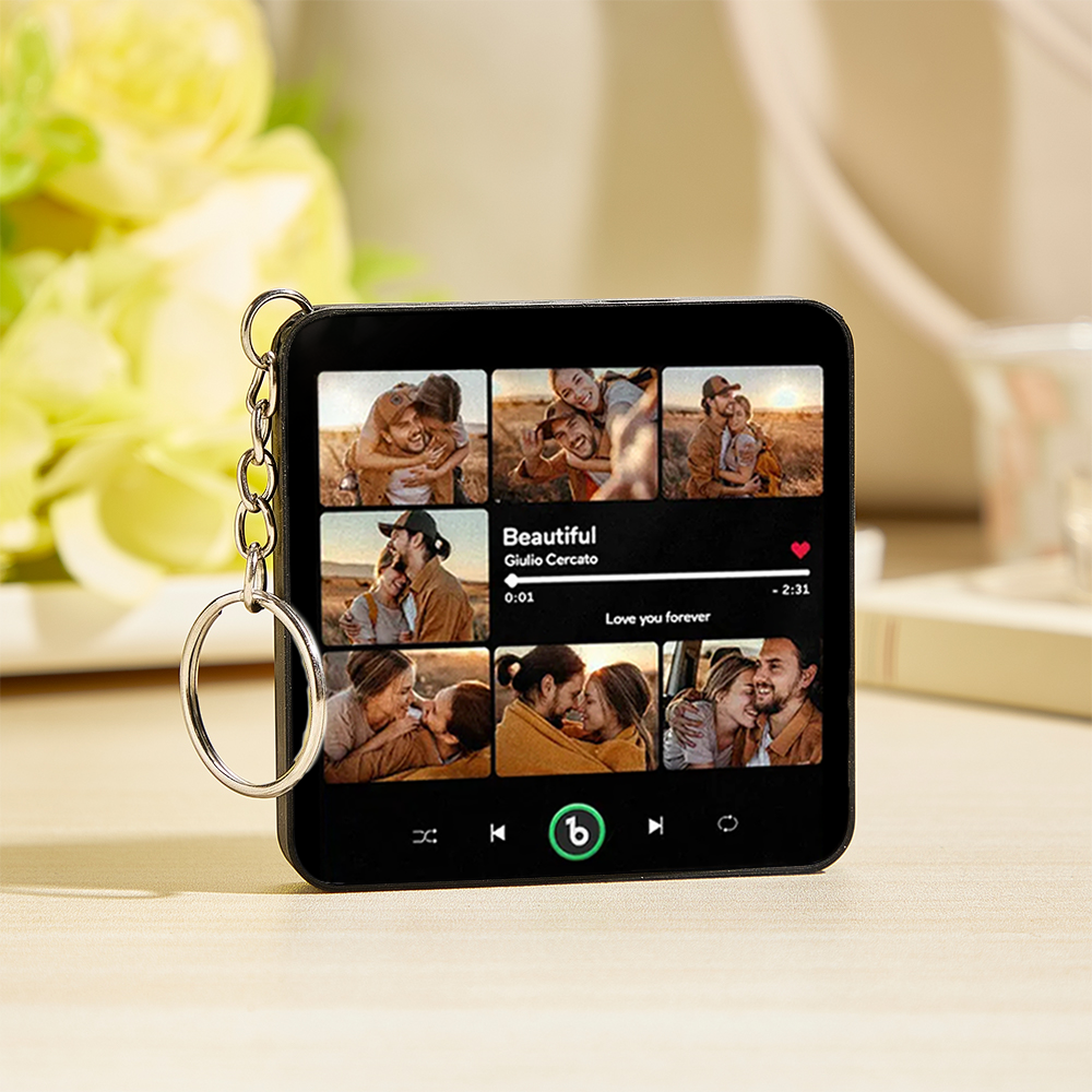 Custom Music & Multi Photo Mini Fridge Magnet Keychain Personalized Photo Song Magnet That Can Play Music Keyring Gifts Anniversary Gift for Couple