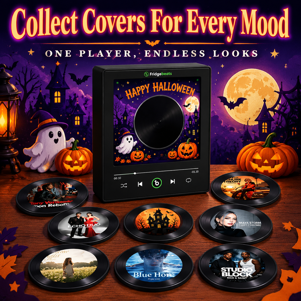 Halloween Gifts Halloween Magnetic Fridge Vinyl Music Player Set with 9 Themed Discs - Festive Kitchen Decor GiftFridgebeats V6.0 - GiftlabUS