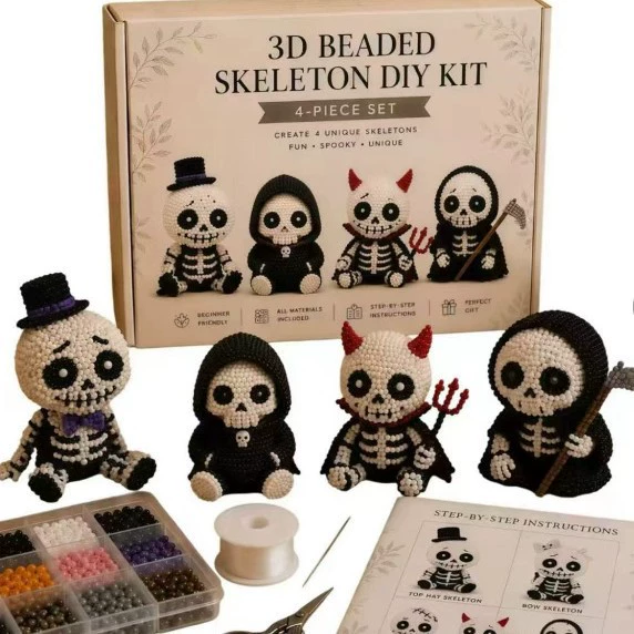 3D Beaded Skeleton DIY Craft Kit, Handmade Figurine Beading Set Beginner Friendly Project for Halloween Decor Creative Gifts