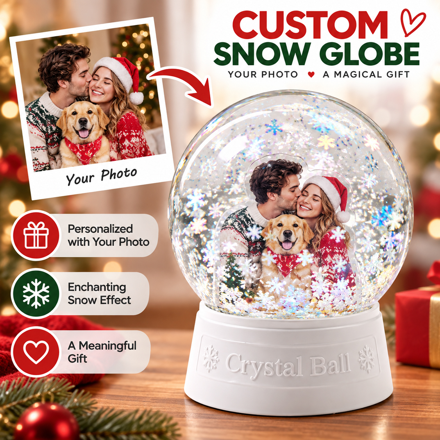 Custom Photo Snow Globe Christmas Keepsake Decor, Sentimental Memorial Gift for Family, Couples