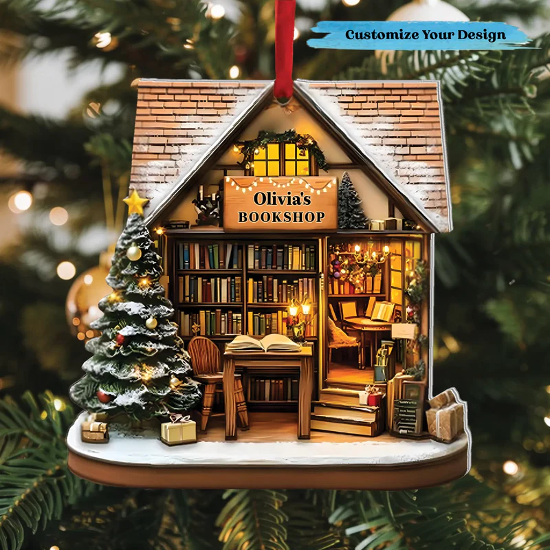 Bookshop Personalized Christmas Acrylic Ornament, Custom Name Holiday Tree Decoration for Book Lovers, Unique Ornament Gift for Readers