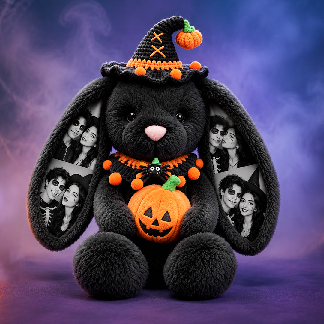 Custom Photo Halloween Plush Bunny, Personalized Photo Ears Rabbit Animal Stuffed Toy with Pumpkin & Witch Hat, Spooky Couple Gift for Halloween Decor