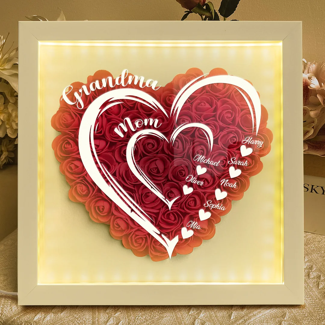 Mom Grandma Hearts Custom Kids' Names - Personalized Flower Shadow Box With LED Light - Giftlab
