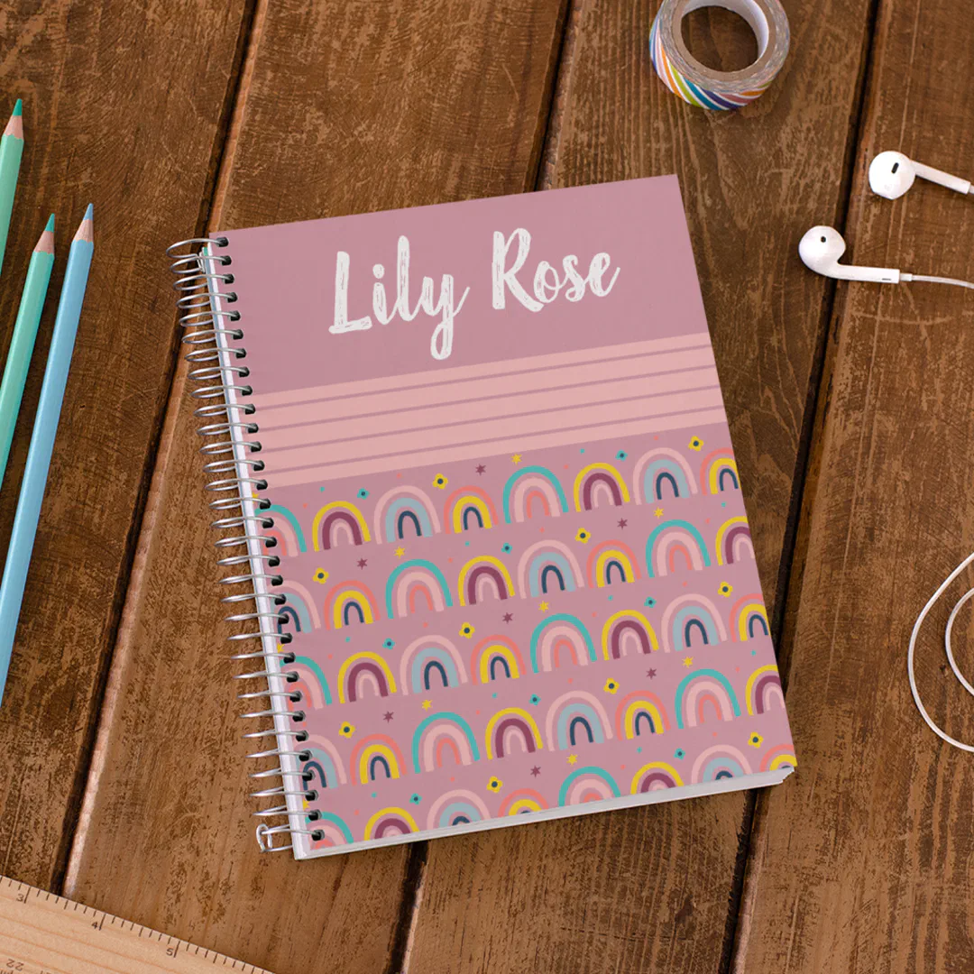 Custom Name Pink Rainbow Pattern Kid's Notebook