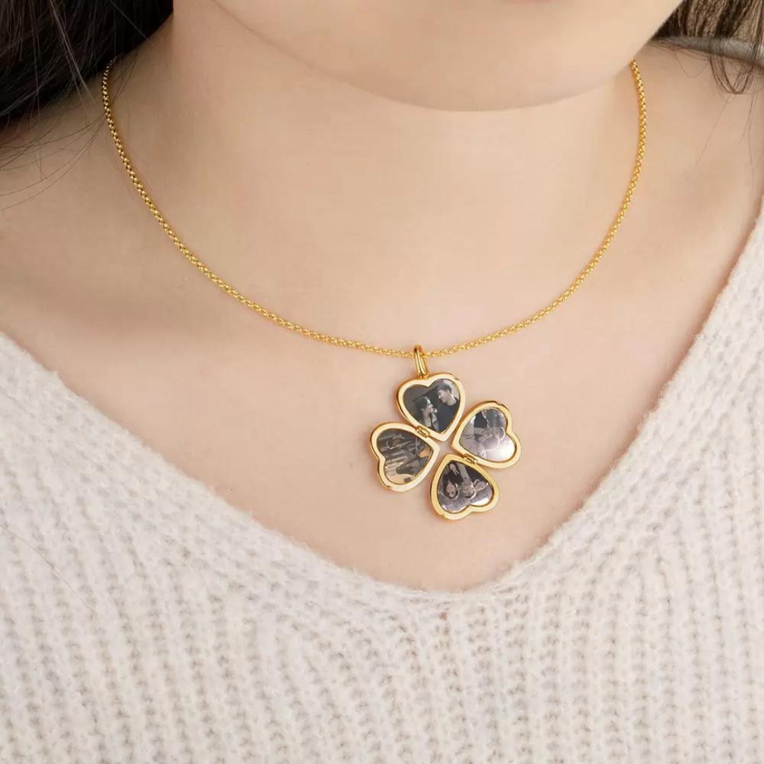 Custom Heart Locket Necklace with 4 Photos, Initial Folding Four Leaf Clover Design, Personalized Love Gift for Her