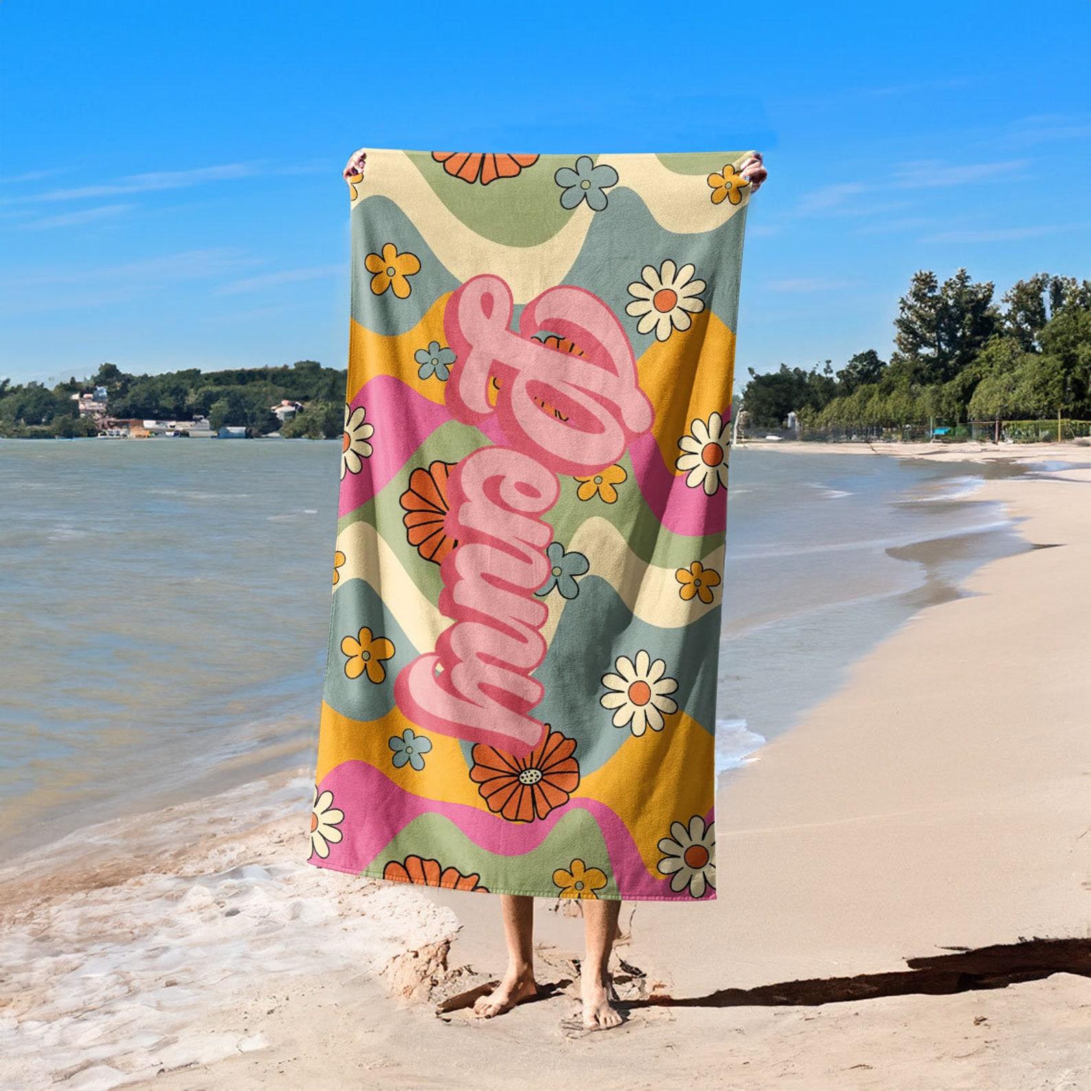 Custom Pink Flower Beach Towel,Personalized Bath Towel With Name,Pool Towel For Adults,Vacation Gift,Birthday Gift,Oversized Beach Towel - GiftLab