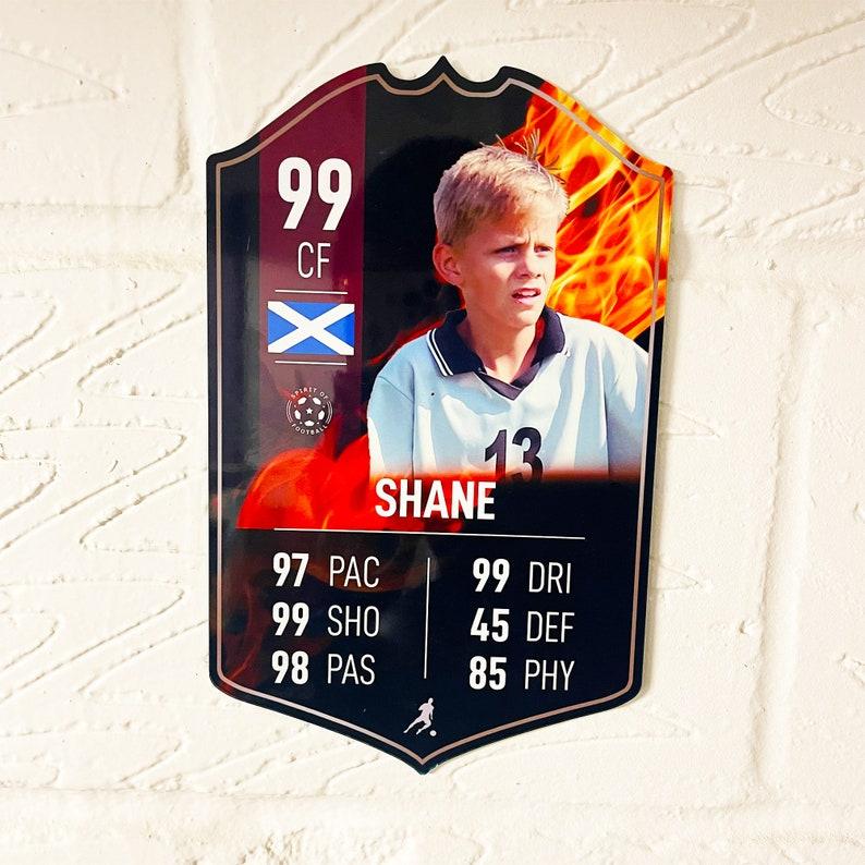 Personalised Football Cup Player Stats Card Sign With Choice of Background - Printed Metal Shield Sign Wall Art A4 Player Add Name