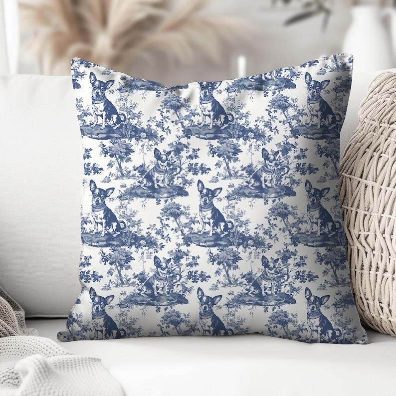 Chihuahua Toile De Jouy Pillow Navy Blue and Cream French Toile Dog Pillow Throw Cushion Gift for Chihuahua Mom, INCLUDES INSERT, Farmhouse Decor