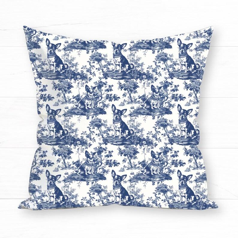 Chihuahua Toile De Jouy Pillow Navy Blue and Cream French Toile Dog Pillow Throw Cushion Gift for Chihuahua Mom, INCLUDES INSERT, Farmhouse Decor