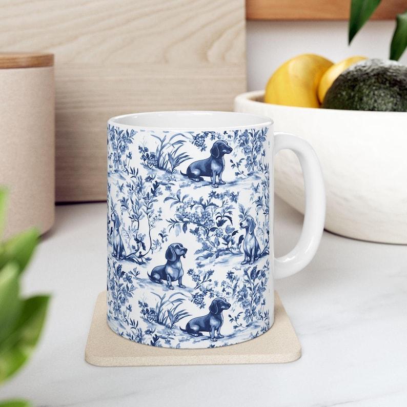 Dachshund French Toile de Jouy Mug - Blue Toile Coffee Cup for Doxie Mom, Sausage Dog Lover Gifts, Dog Tea Drinkware