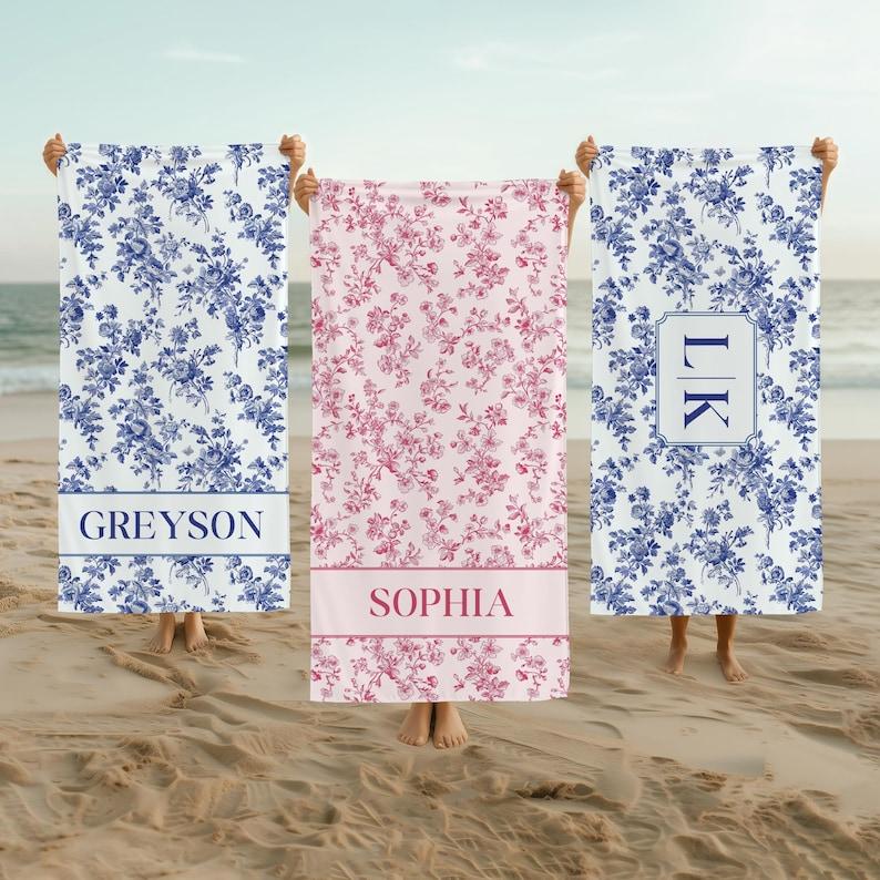 Custom Beach Towel, Personalized Beach Towel, Monogramed Beach Towel, Blue Toile De Jouy Pool Towel, Bachelorette Beach Towel, Floral Towel