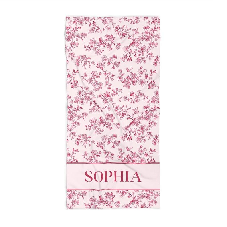 Custom Beach Towel, Personalized Beach Towel, Monogramed Beach Towel, Blue Toile De Jouy Pool Towel, Bachelorette Beach Towel, Floral Towel