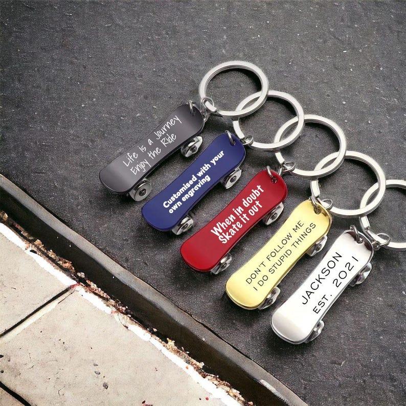 Custom Engraved Skateboard Keyring: Personalised Stainless Steel Charm