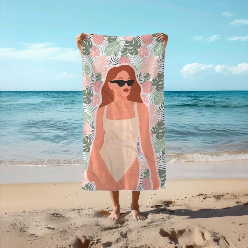 Personalized Photo Retro Beach Towel, Vintage Style Poolside Accessory, Summer Must-Have, Vacation Towel, Tropical Leaves,  Auburn Red Head or Brunette Hair