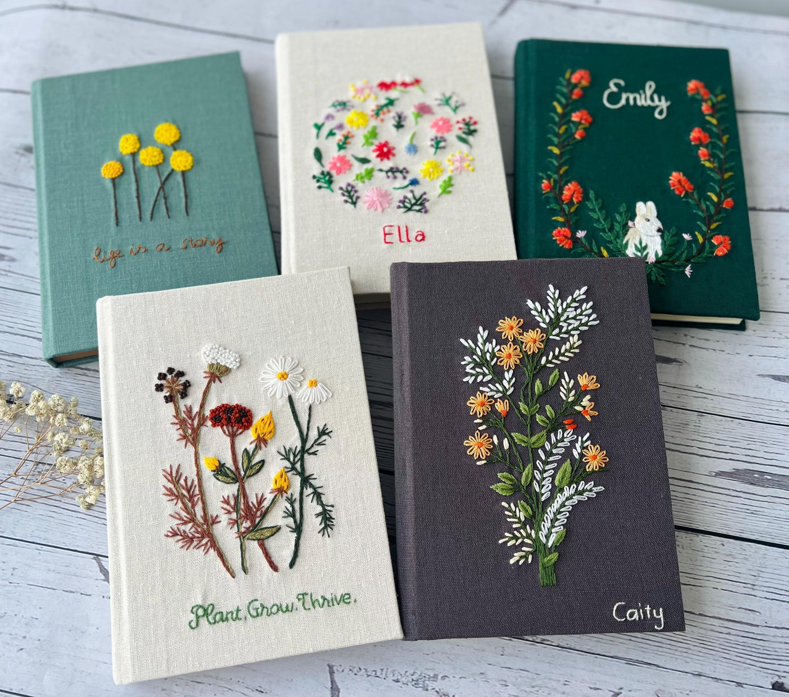 Personalized Flowers Hand Embroidered Journal Notebook A5 A6, Photo Album, Fabric Hard cover Notebook, Daisy Journal, Handmade Notebook
