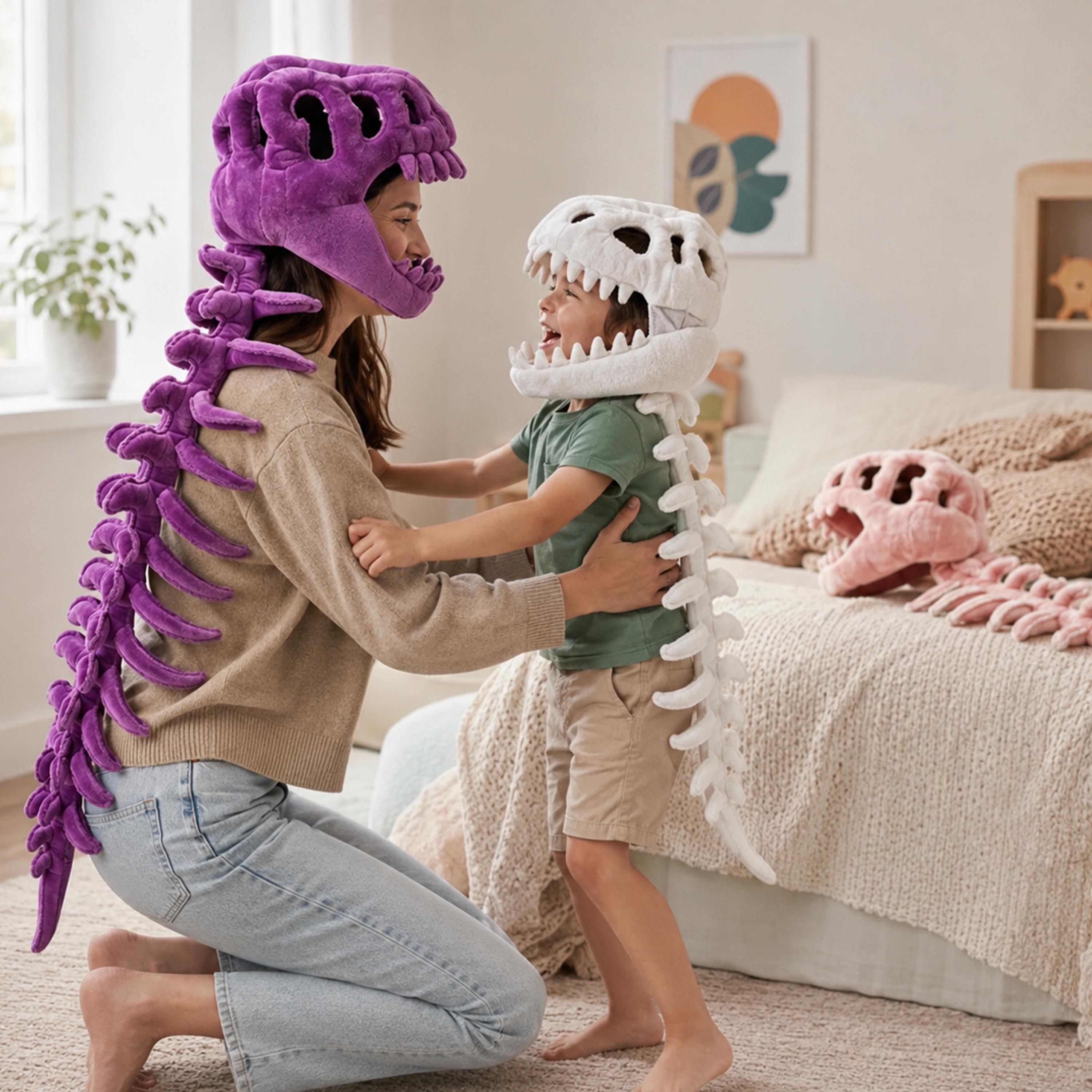 Plush Dinosaur Skeleton Hat with Tail Fun & Spooky Costume Headwear for Kids & Adults