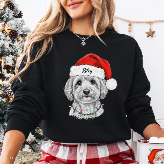 Custom Santa Paws Christmas Dog Sweatshirt, Personalized Dog Photo Sweatshirt, Dog or Cat Santa Hat Drawing
