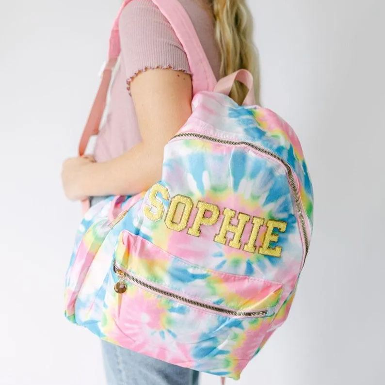 Personalized Tie Dye Backpack for Kids �C Custom Chenille Patch School Bag Name Backpack Back to School Gift Trendy Kid Bag