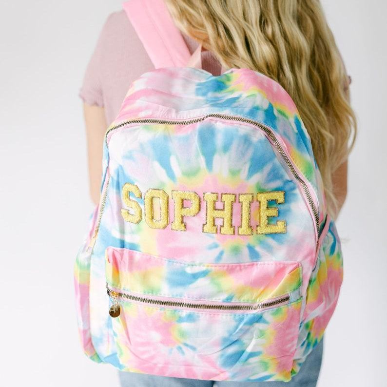 Personalized Tie Dye Backpack for Kids �C Custom Chenille Patch School Bag Name Backpack Back to School Gift Trendy Kid Bag