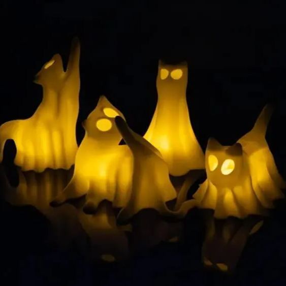Ghost Cats with LED Tea Lights - Halloween Home Decor - Gifts for Cat Lovers - Office Desk Autumn Decor - 3D Printed Ghost Pet Night Light