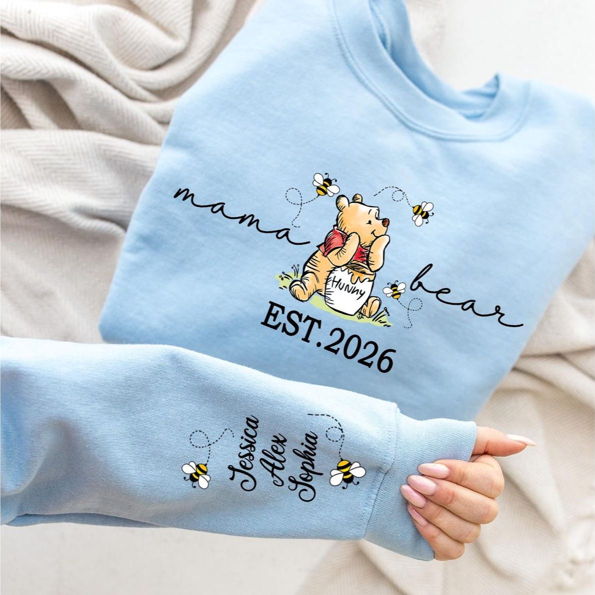 Custom Mama Bear Sweatshirt,Mama Est with Kids Name on Sleeve Sweatshirt, Personalized Mom Sweatshirt, Nana, Grandma, Gigi,Mothers Day Shirt