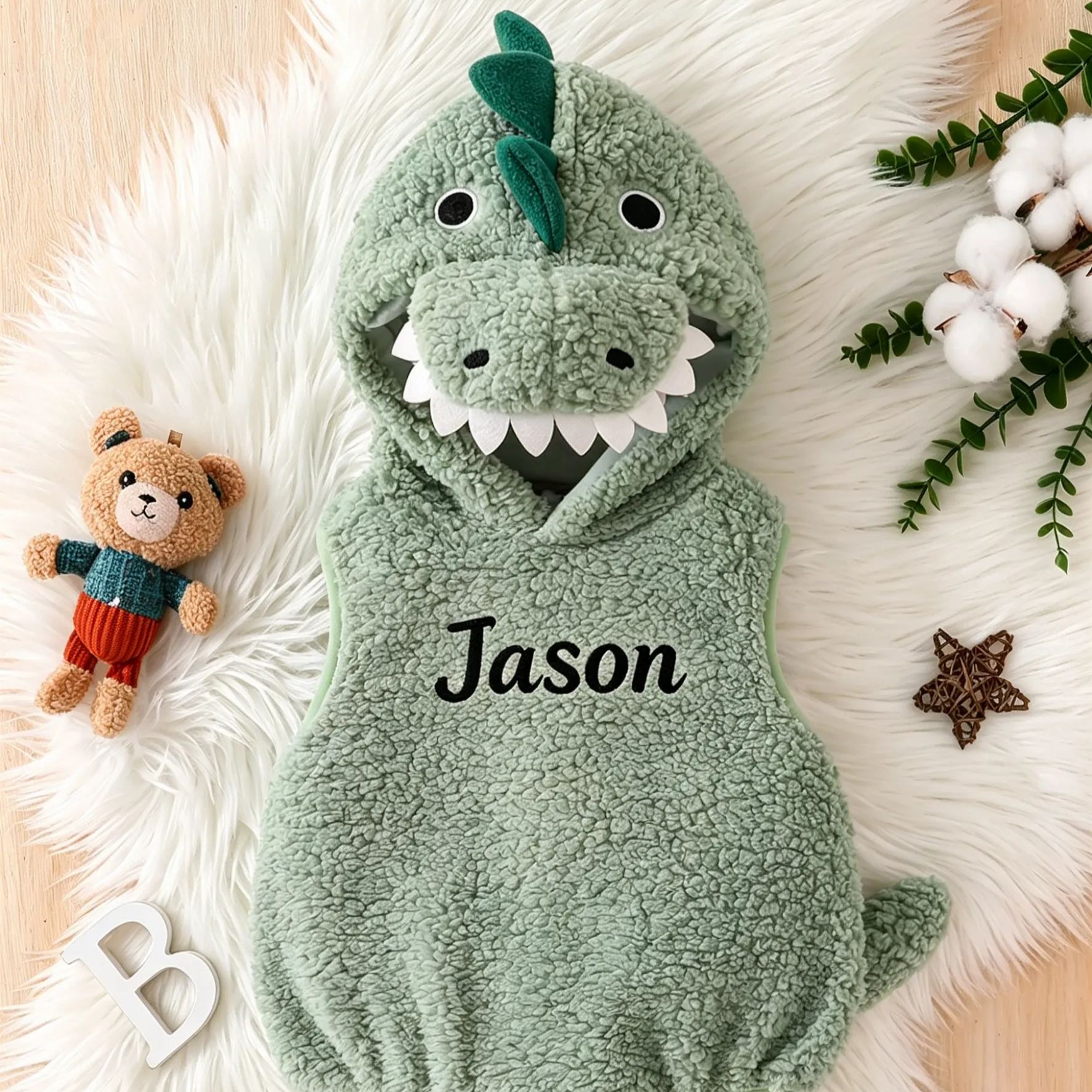 Custom Name Dinosaur Hooded Baby Romper, Fuzzy Sleeveless Costume Bodysuit for Infants