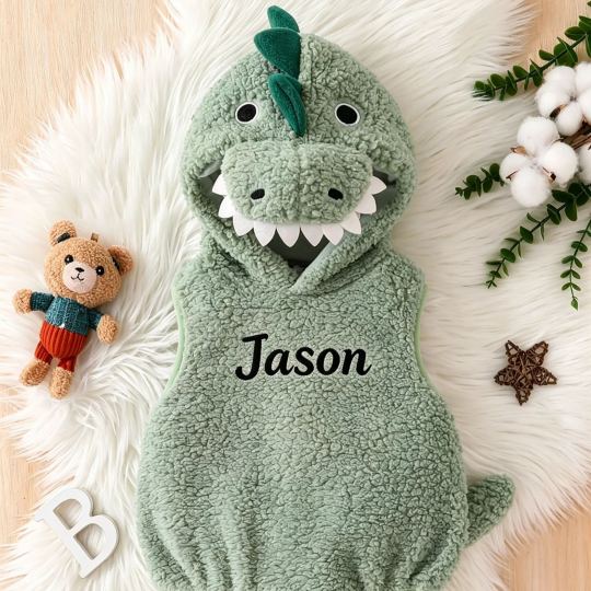 Custom Name Dinosaur Hooded Baby Romper, Fuzzy Sleeveless Costume Bodysuit for Infants