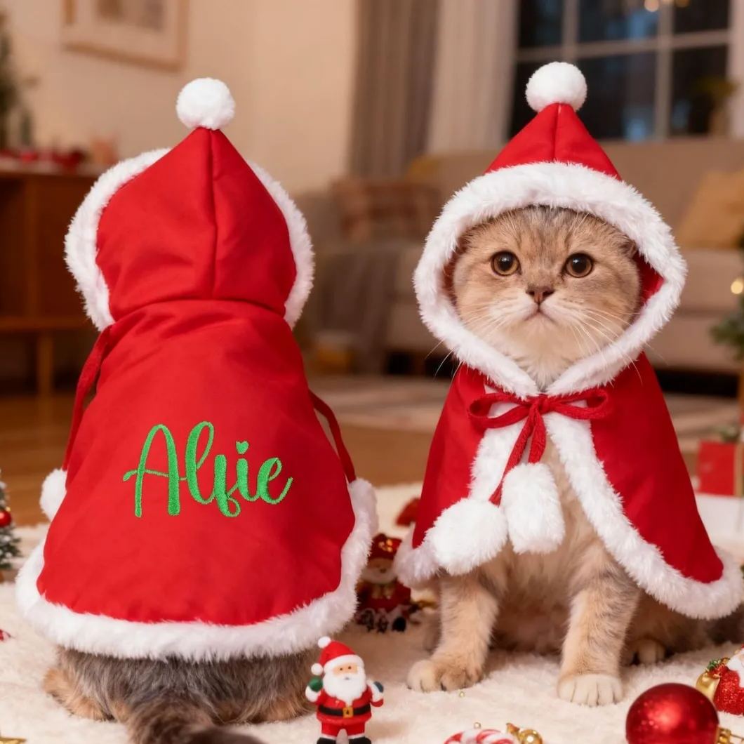Custom Christmas Cat Hooded Cloak Embroidered Name Pet Santa Cape for Cats Small Dogs