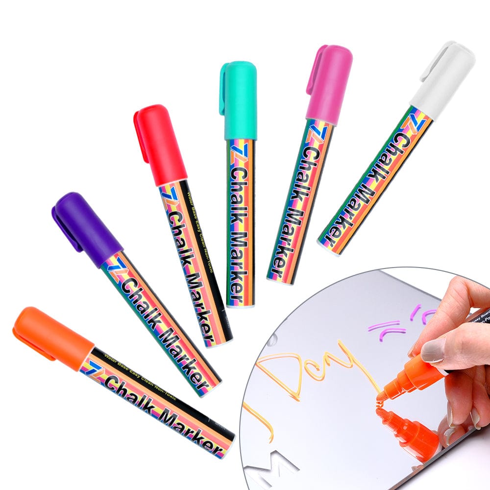 6 Pack Erasable Chalk Marker White+Orange+Green+Purple+Red+Pink - Giftlab