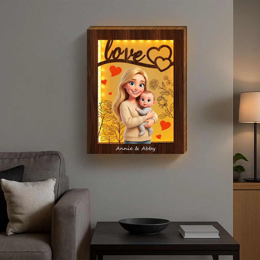 Personalized 3d Wooden Cartooned Light Wall Art, Custom Cartoon Portrait, Wood Home Decor, Night Light Gift, Mother's Day Gift, Birthday Gifts, Anniversary Gifts